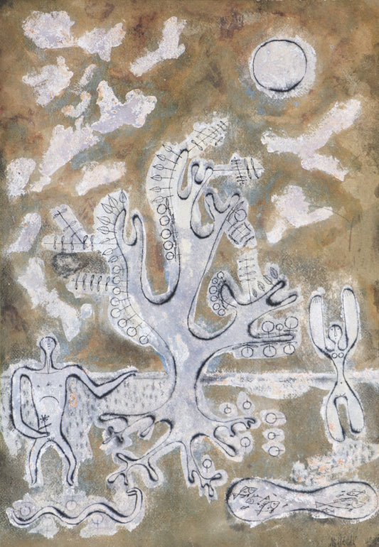 Edward Marecak (1919-1993) artwork for sale. Adam and Eve (Abstract Man and Woman with a Tree), Painting, 1947, Denver, Colorado, Art Gallery)