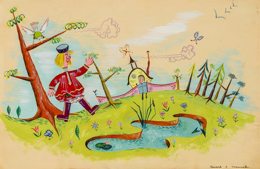 Untitled (Man with Pond, House, and Trees), Painting