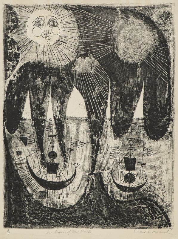 Edward Marecak (1919-1993) artwork for sale. In Search of New Lands (Two Ships Under a Sun and Moon), Print, Denver, Colorado, Art Gallery)