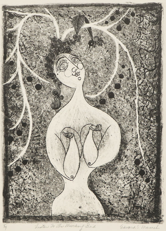 Edward Marecak (1919-1993) artwork for sale. Listen to the Mocking Bird (Woman with Bird), Print, Denver, Colorado, Art Gallery)