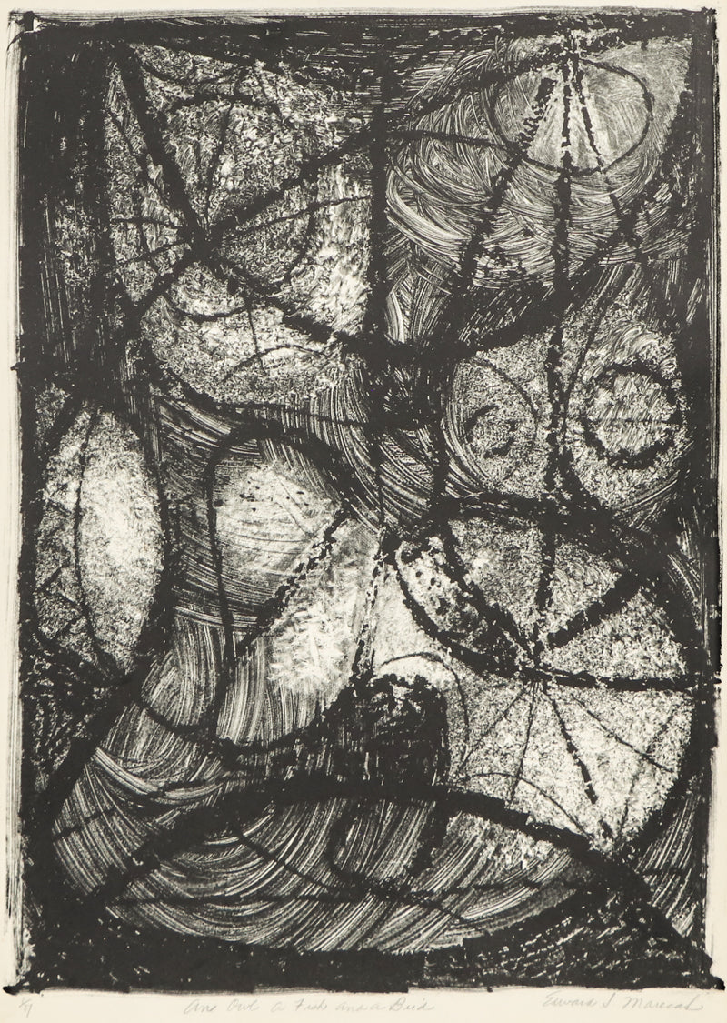 An Owl A Fish and A Bird (Black and White Abstract), Print, circa 1940-1970