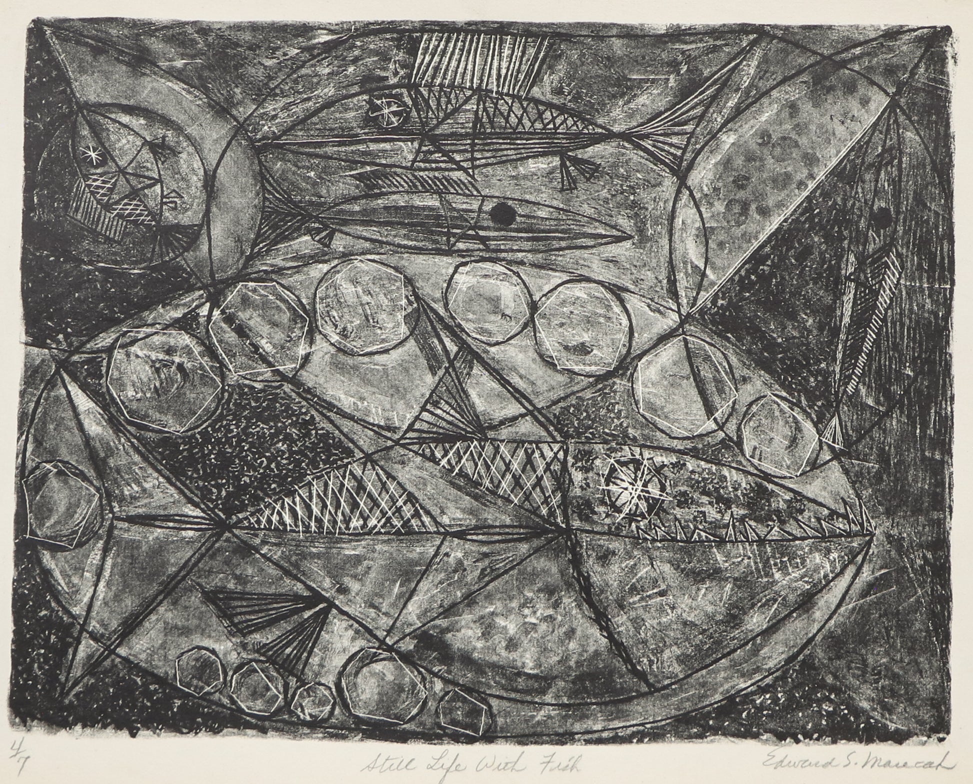 Edward Marecak (1919-1993) artwork for sale. Still Life with Fish #2 (Black and White Abstract), Print, circa 1940-1970, Denver, Colorado, Art Gallery)