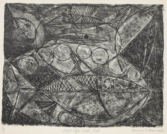 Edward Marecak (1919-1993) artwork for sale. Still Life with Fish #2 (Black and White Abstract), Print, circa 1940-1970, Denver, Colorado, Art Gallery)