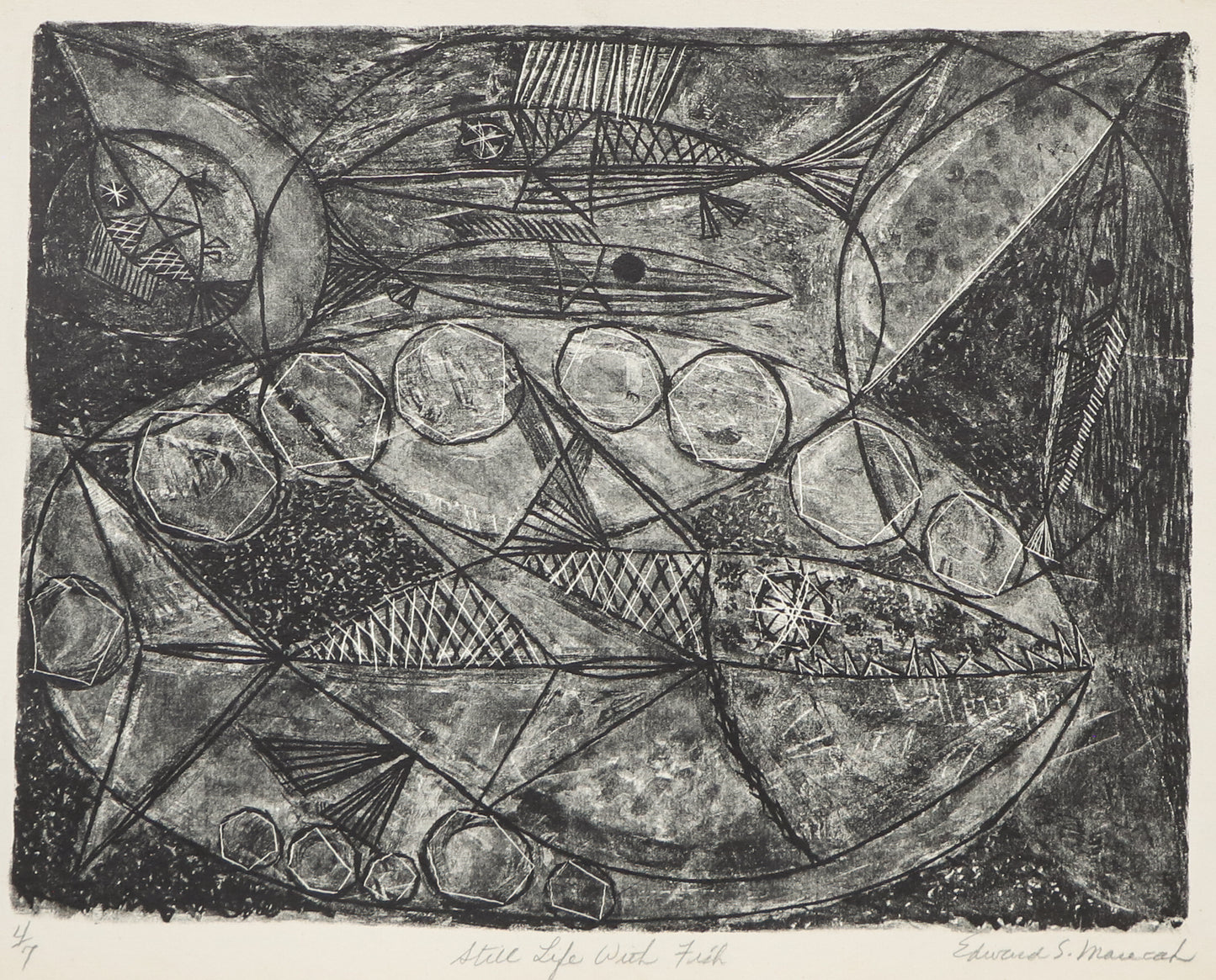 Still Life with Fish #2 (Black and White Abstract), Print, circa 1940-1970
