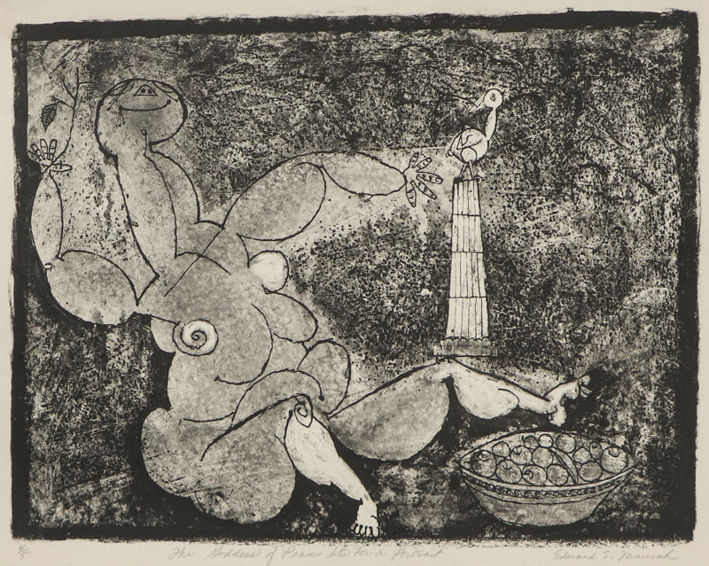 Edward Marecak (1919-1993) artwork for sale. The Goddess of Peace Sits for a Portrait (Woman with Bird and Fruit), Print, circa 1940-1970, Denver, Colorado, Art Gallery)