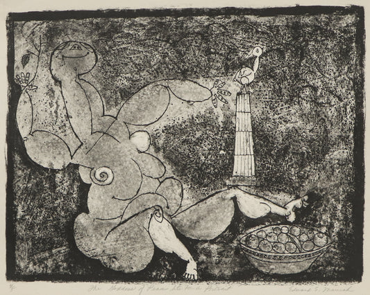 The Goddess of Peace Sits for a Portrait (Woman with Bird and Fruit), Print, circa 1940-1970