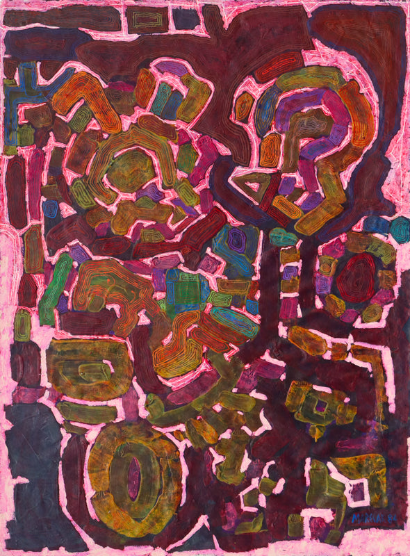 Edward Marecak (1919-1993) artwork for sale. Abstract (Composition in Pink, Burgaundy, Orange, and Violet), Painting, 1984, Denver, Colorado, Art Gallery)