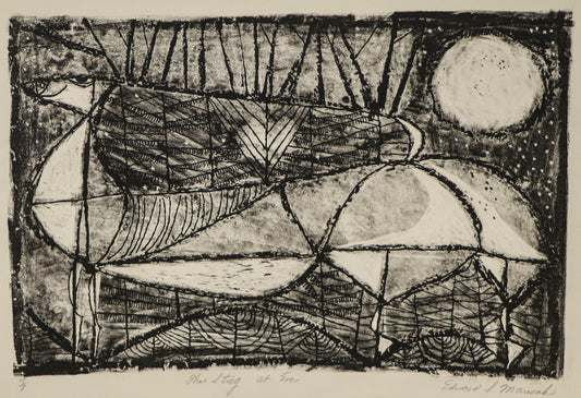Edward Marecak (1919-1993) artwork for sale. The Stag at Eve (Deer Underneath the Moon), Print, Denver, Colorado, Art Gallery)