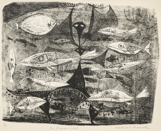 Edward Marecak (1919-1993) artwork for sale. The Drowned Witch (Woman Underwater with Fish), Print, Denver, Colorado, Art Gallery)