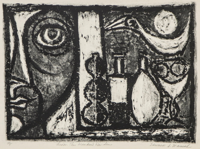 Edward Marecak (1919-1993) artwork for sale. From the Window We See (Person with Bird and Bottles), Print, Denver, Colorado, Art Gallery)