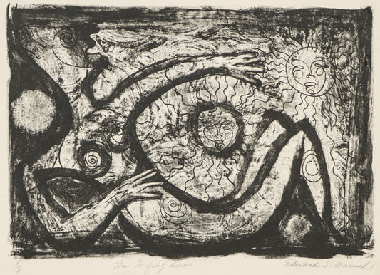 Edward Marecak (1919-1993) artwork for sale. The Dying Sun (Human Figure with Suns), Print, Denver, Colorado, Art Gallery)