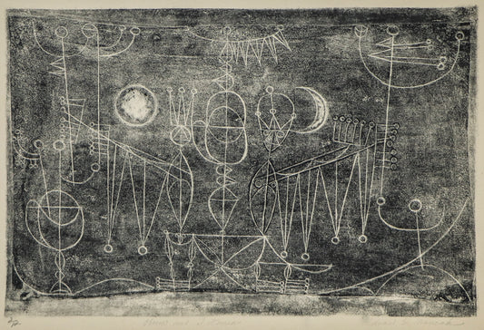 Edward Marecak (1919-1993) artwork for sale. Oberon and Titania (Abstracted Figures with Sun and Moon), Print, Denver, Colorado, Art Gallery)