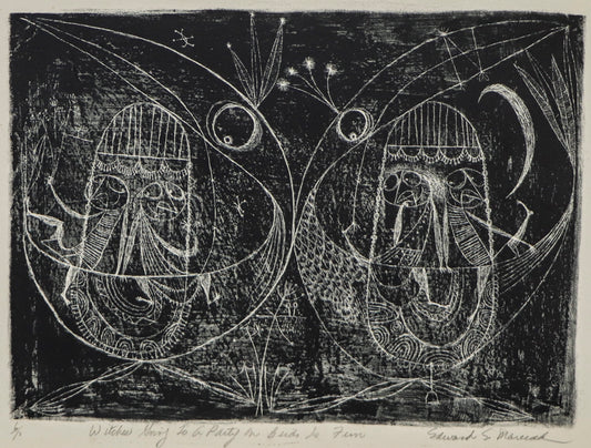 Edward Marecak (1919-1993) artwork for sale. Witches Going to a Party on Birds is Fun (Four Women Atop Birds), Print, Denver, Colorado, Art Gallery)