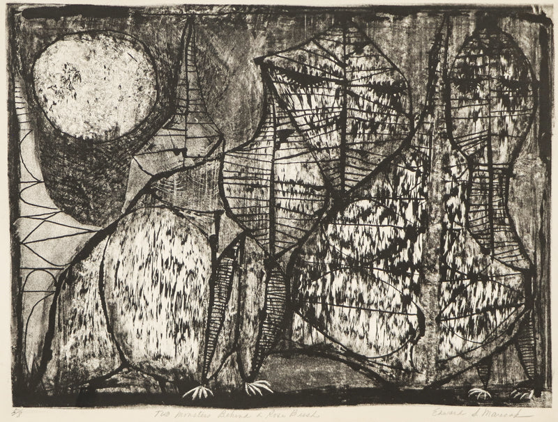 Edward Marecak (1919-1993) artwork for sale. Two Monsters Behind a Rose Bush (Black and White Abstract), Print, Denver, Colorado, Art Gallery)