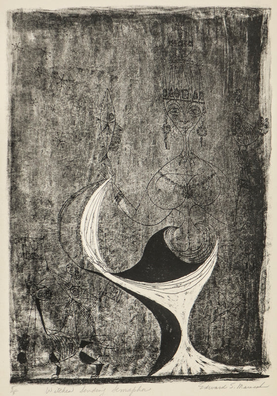 Edward Marecak (1919-1993) artwork for sale. Witches Sending Semaphor (Two Witches), Print, Denver, Colorado, Art Gallery)