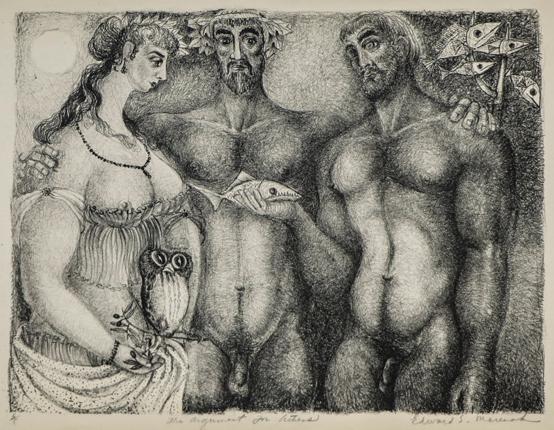 Edward Marecak (1919-1993) artwork for sale. The Argument for Athens (Athena, Zeus, and Poseidon), Print, circa 1940-1970, Denver, Colorado, Art Gallery)
