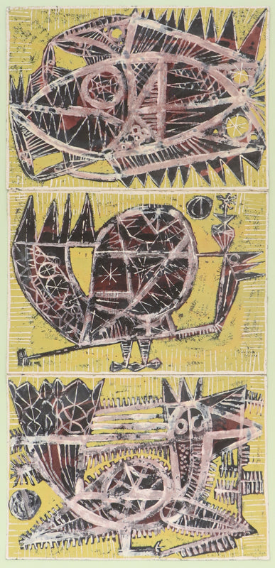Edward Marecak (1919-1993) artwork for sale. Birds and Fish (Abstract in Yellow, Red, and Black), Painting, circa 1960, Denver, Colorado, Art Gallery)
