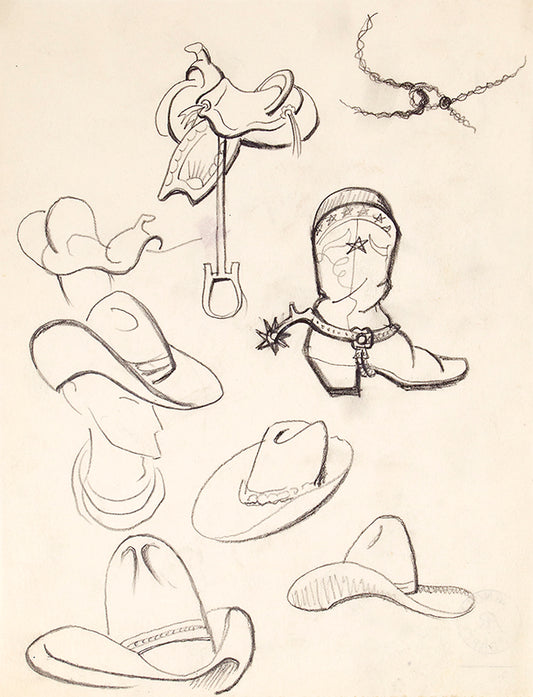 Saddle, Boot and Hat Sketches, Colorado, Drawing, circa 1933