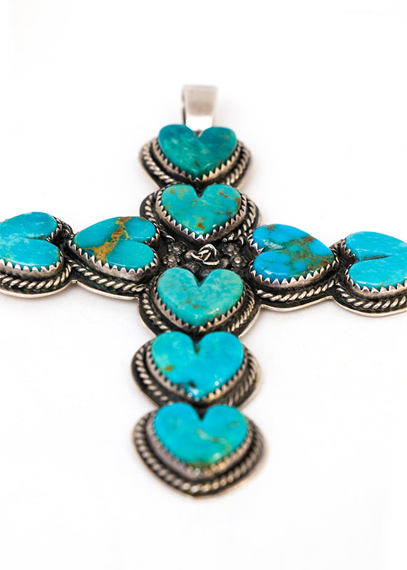 Navajo (Diné) artwork for sale. Silver and Turquoise Cross Pendant, circa 1980 by La Rose Ganadonegro, Denver, Colorado, Art Gallery)