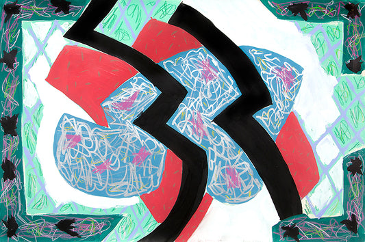 Faulkner in Fresno (Abstract in Teal, Blue, Black, and White), Painting, 1986