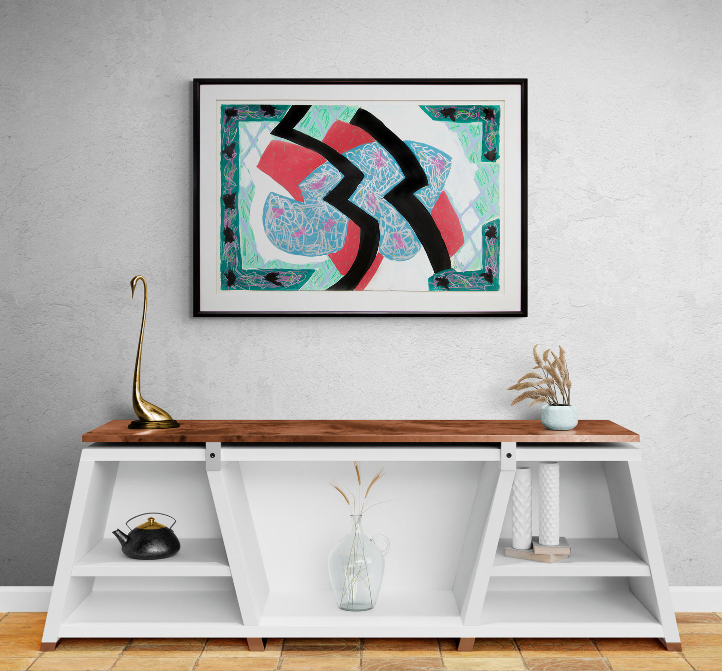 Faulkner in Fresno (Abstract in Teal, Blue, Black, and White), Painting, 1986