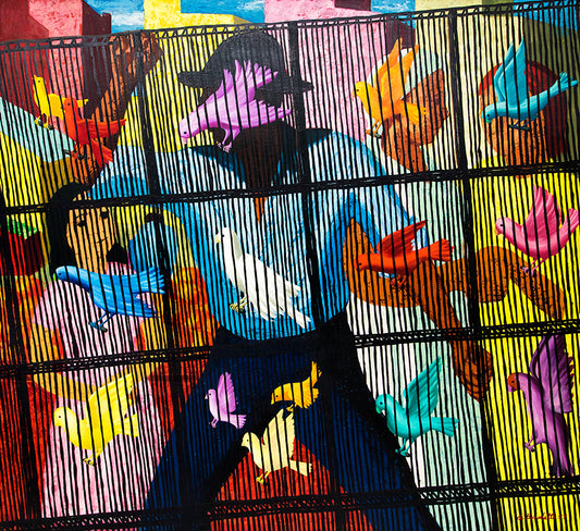 Angelo Di Benedetto (1913-1992) artwork for sale. Birdcage (People and Birds Inside Cage), Painting, 1957, Denver, Colorado, Art Gallery)