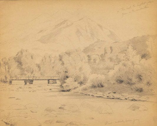Untitled (Mountain Landscape with Bridge over a River, Horse and Rider with another Person), Drawing, circa 1910