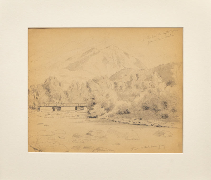 Untitled (Mountain Landscape with Bridge over a River, Horse and Rider with another Person), Drawing, circa 1910