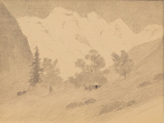Sunset - Reflected Light (Cabin with Mountain Peaks), Drawing, circa 1910