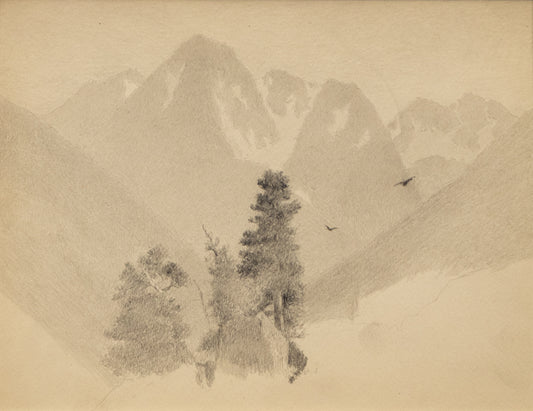 Untitled (Two Birds, Pines, and Mountains), Drawing, circa 1910