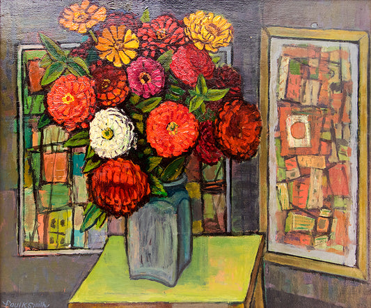 Paul K. Smith (1893-1977) artwork for sale. Untitled (Still Life with Zinnia and Abstract Paintings), Painting, Denver, Colorado, Art Gallery)