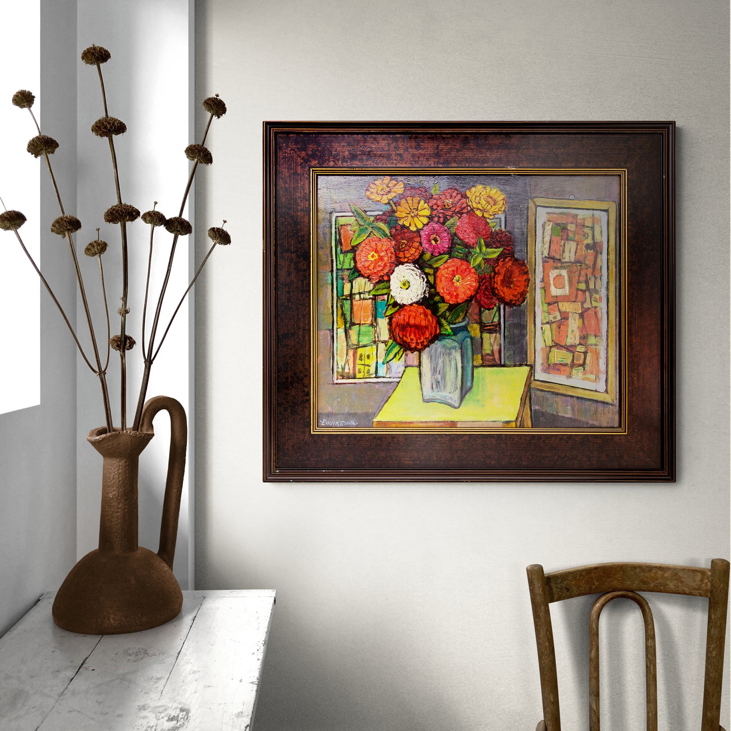 Untitled (Still Life with Zinnia and Abstract Paintings), Painting