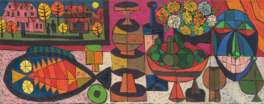 Edward Marecak (1919-1993) artwork for sale. Still Life with Smiling Face, Painting, 1969, Denver, Colorado, Art Gallery)