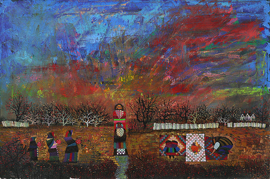 Edward Marecak (1919-1993) artwork for sale. Autumn Harvest (Autumnal Landscape with Seven Women), Painting, 1987, Denver, Colorado, Art Gallery)