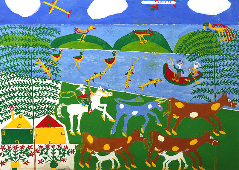 Martin Saldana (1874-1965) artwork for sale. Ethel, The Blue Spotted Cow (Composition with Cows, People, and Birds), Painting, 1953-1965, Denver, Colorado, Art Gallery)
