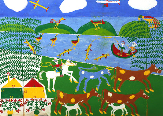 Ethel, The Blue Spotted Cow (Composition with Cows, People, and Birds), Painting, 1953-1965