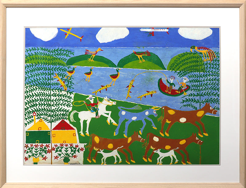 Ethel, The Blue Spotted Cow (Composition with Cows, People, and Birds), Painting, 1953-1965