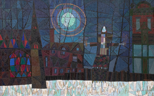 Edward Marecak (1919-1993) artwork for sale. Winter Witch # 2 (Abstracted Woman and Town), Painting, 1984, Denver, Colorado, Art Gallery)