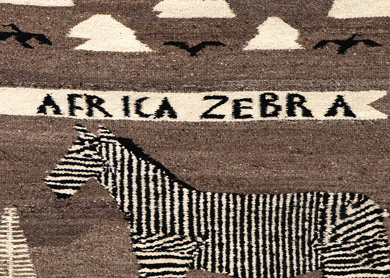 Pictorial Rug with African Zebra, Tree, Birds and Clouds, circa 1955