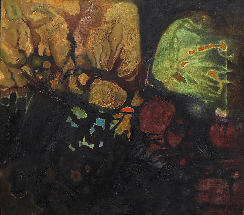 Edward (Eduardo) Chavez (1917-1995) artwork for sale. Primordial Landscape (Composition in Black, Brown, Ochre, and Green), Painting, Denver, Colorado, Art Gallery)