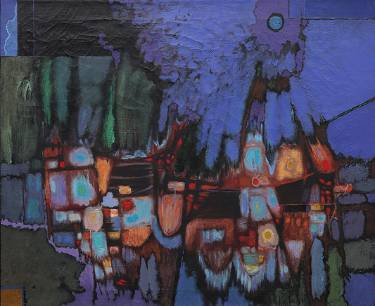 Edward (Eduardo) Chavez (1917-1995) artwork for sale. Florentine Night (Abstract in Indigo, Violet, Black, and Green), Painting, circa 1951, Denver, Colorado, Art Gallery)