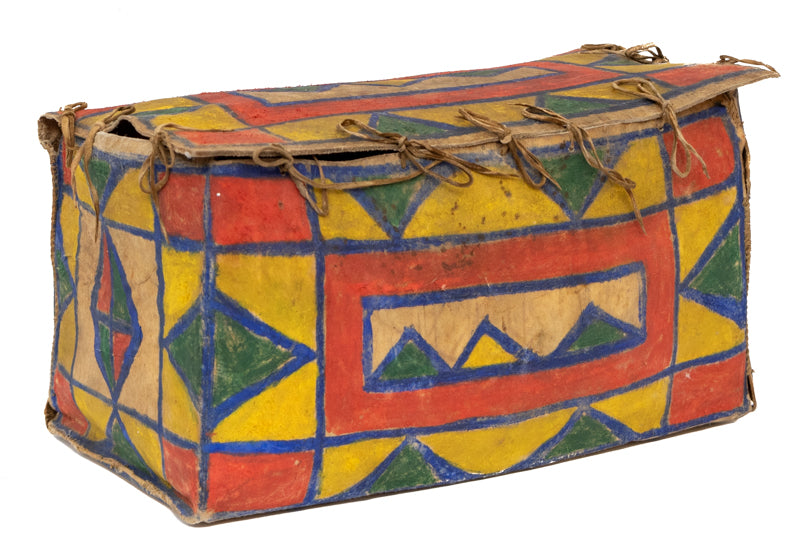 Drum, circa 1950-1970, Pueblo, antique native american art, Horizontal, Small, pigments, hide, wood, circa 1950-1970, 1950-1999, 1950s, 1960s, 1970s, 20th CENTURY (1900-1999), Western & Native American, 4 ½ x 5 ¼ x 4 ½ inches