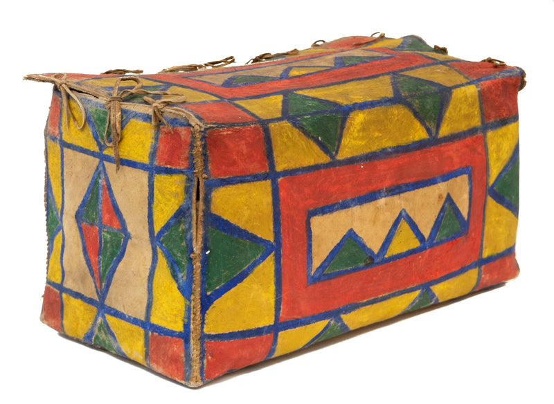Drum, circa 1950-1970, Pueblo, antique native american art, Horizontal, Small, pigments, hide, wood, circa 1950-1970, 1950-1999, 1950s, 1960s, 1970s, 20th CENTURY (1900-1999), Western & Native American, 4 ½ x 5 ¼ x 4 ½ inches
