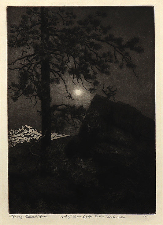 George Elbert Burr (1859-1939) artwork for sale. Misty Moonlight, Estes Park, Colorado (Nocturnal Mountain Landscape), Print, circa 1915, Denver, Colorado, Art Gallery)