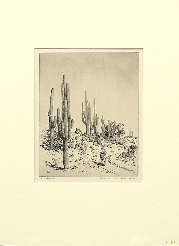 Road to Apache Reservation, Arizona (Landscape with Cacti, Horse, and Rider), Print, circa 1925