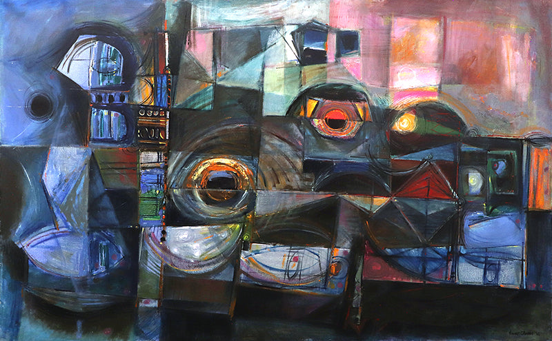Vincent O'Brien (1919-1999) artwork for sale. Lights at Night (Abstract Composition in Blue, Black, Pink, and Orange), Painting, 1962, Denver, Colorado, Art Gallery)