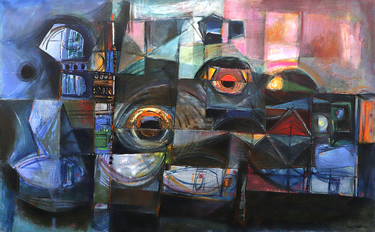 Lights at Night (Abstract Composition in Blue, Black, Pink, and Orange), Painting, 1962