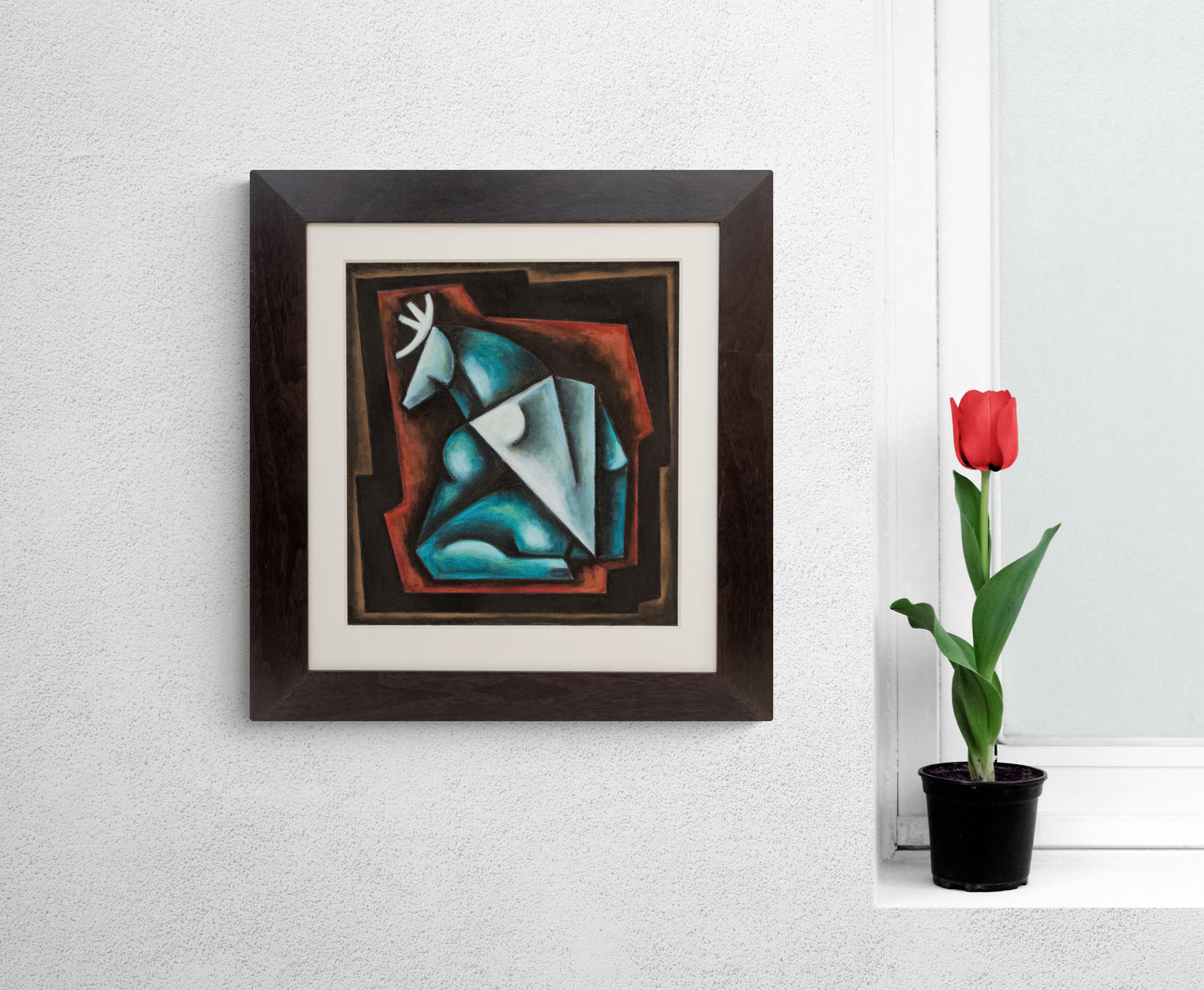 Elk Being (Abstracted Composition of an Elk Being in Turquoise, Red, and Black), Painting, 1994