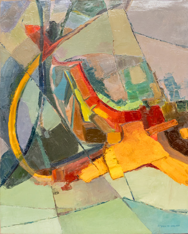 Florence Graziano (1924-1996) artwork for sale. Untitled (Abstract Orange, Red, and Yellow on a Green Field), Painting, circa 1965, Denver, Colorado, Art Gallery)