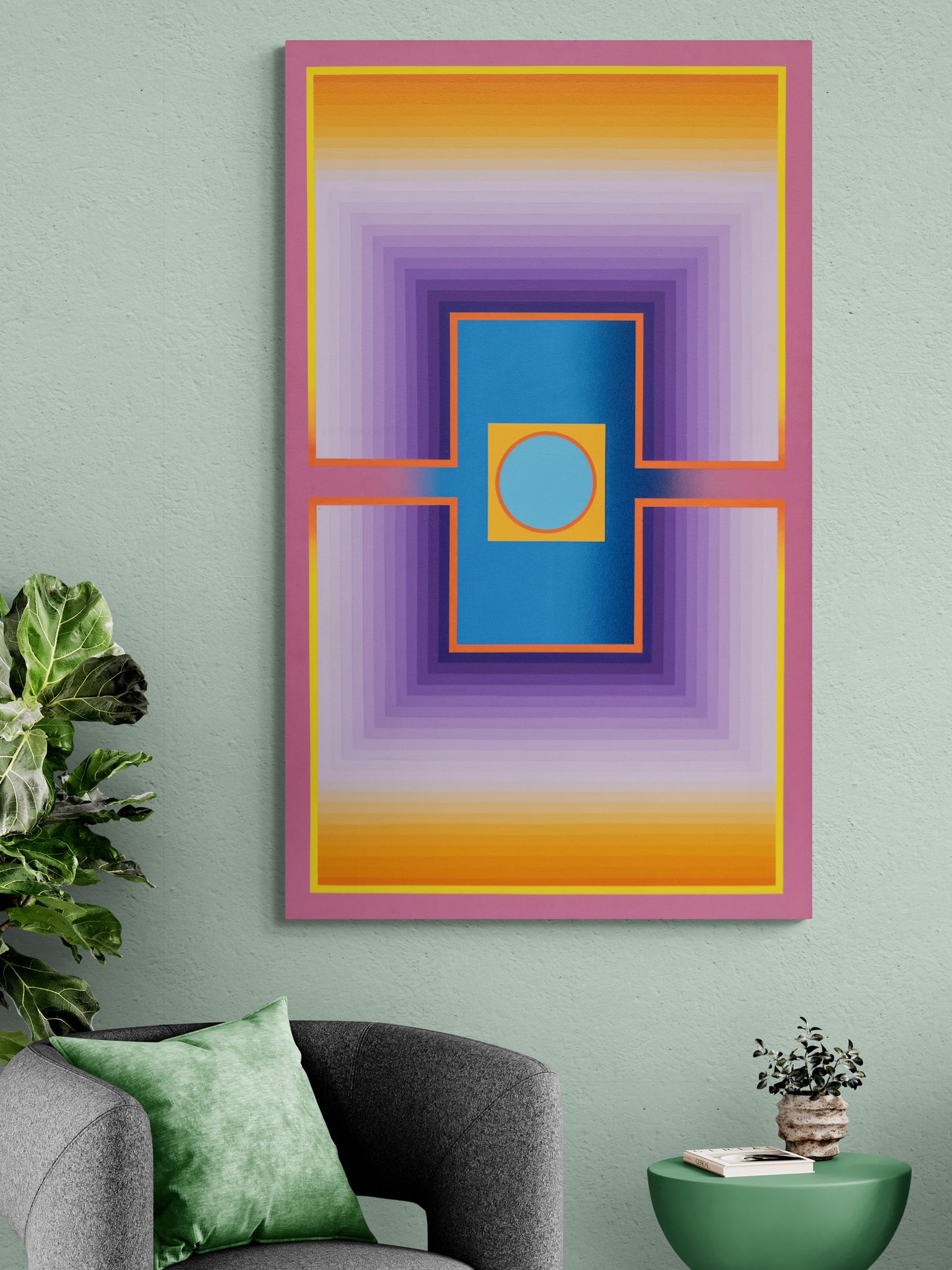 Rays (Abstract Colorist Composition in Violet, Orange, and Cerulean), Painting, circa 1975